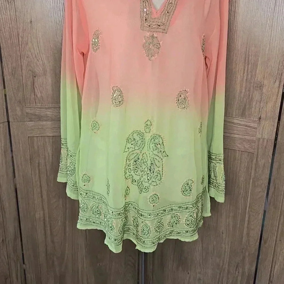 Elegant BohemianPeach and Green Embroidered sequin  Women's Top tunic - Picture 4 of 8